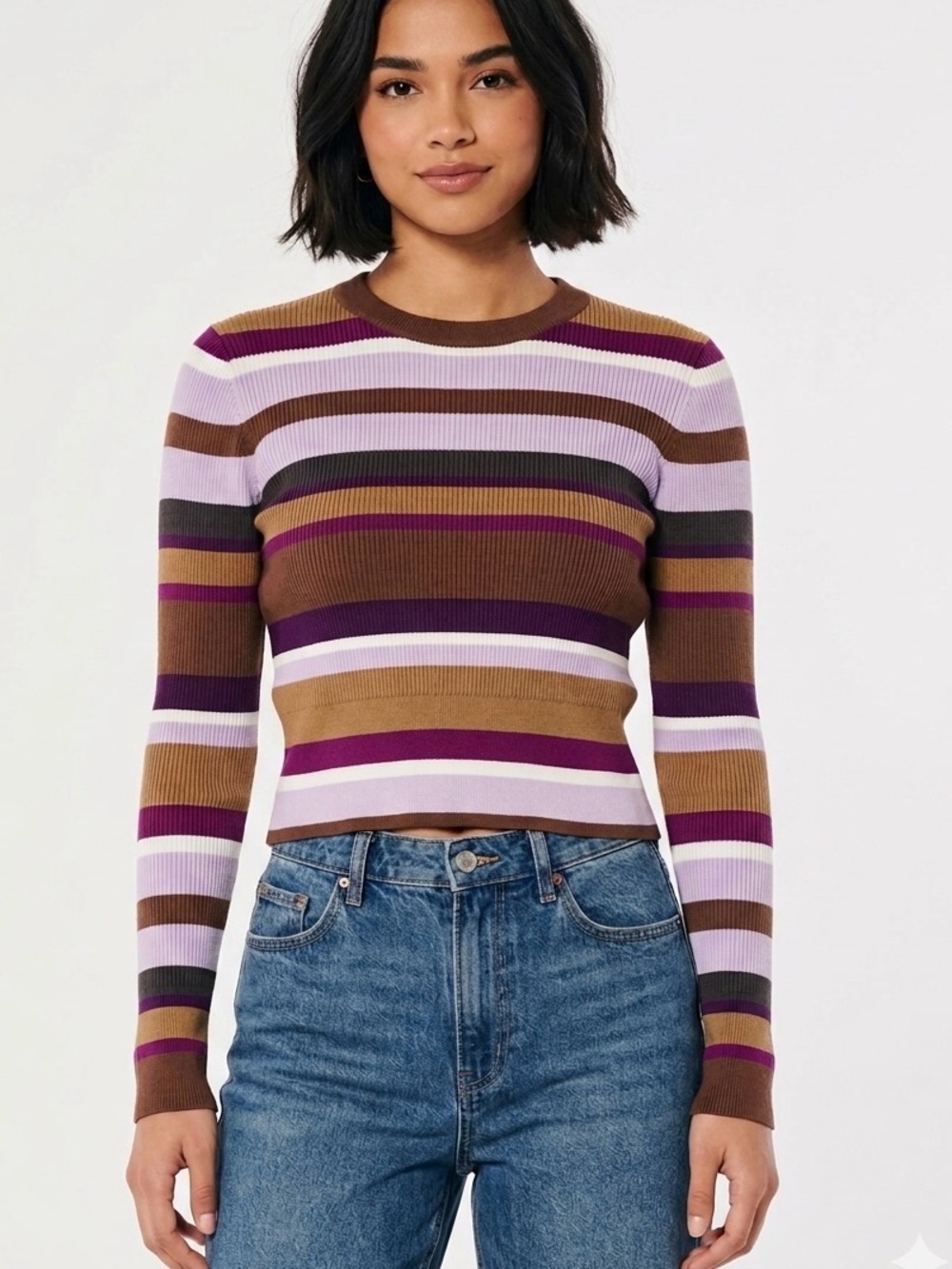 GARAGE Striped Ribbed Crew Neck Sweater - Multi-Color Earth Tones - Size Large